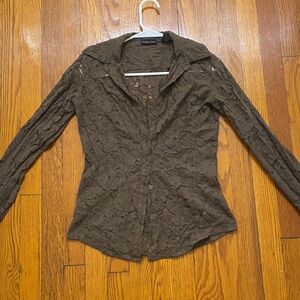 New York & Company Brown Lace Button-Down Shirt
